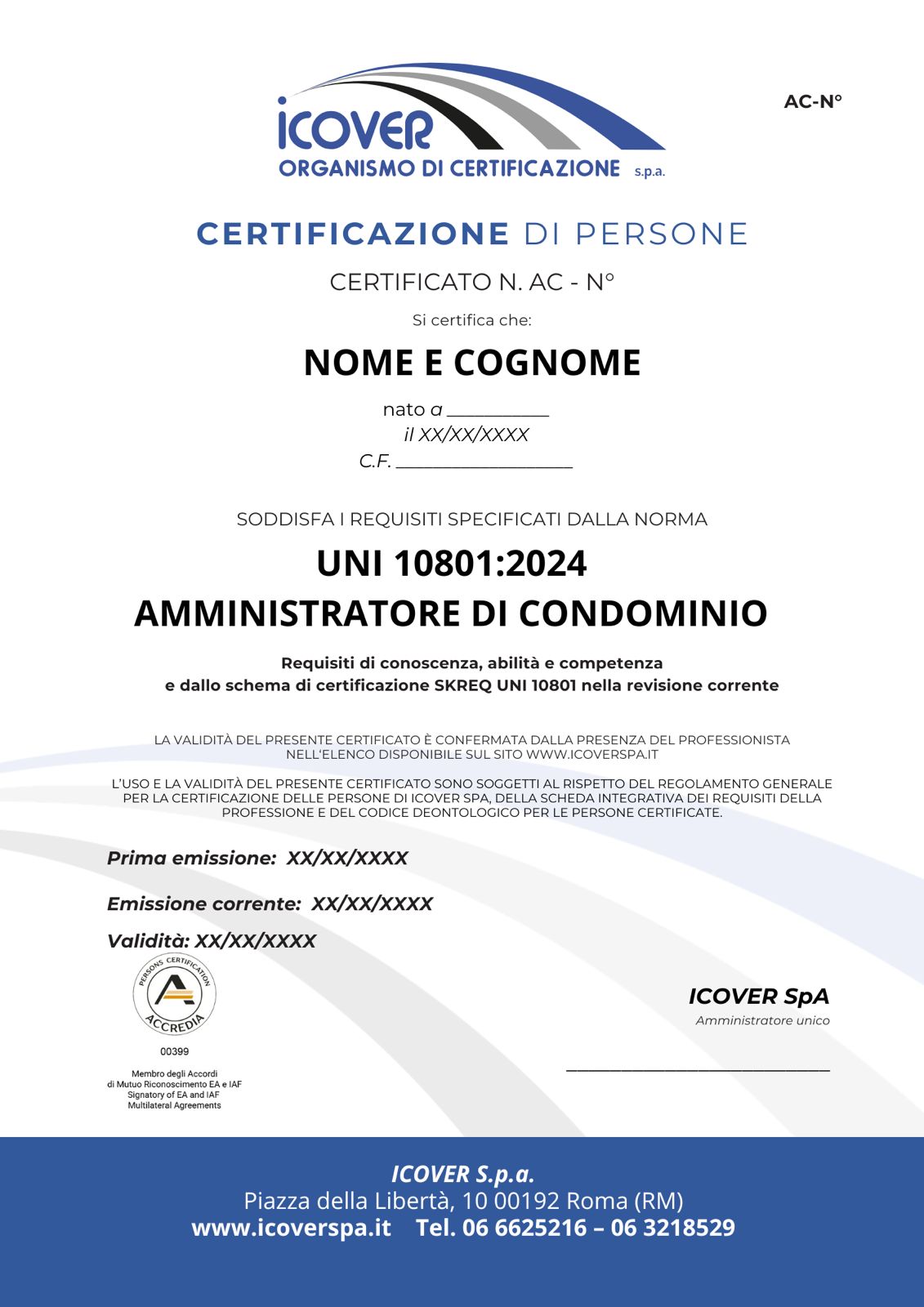Certificato Amministratore di Condominio UNI 10801:2024 rilasciato da ICOVER