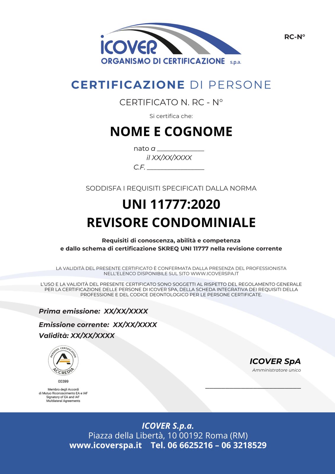 Certificato Revisore Condominiale UNI 11777:2020 rilasciato da ICOVER