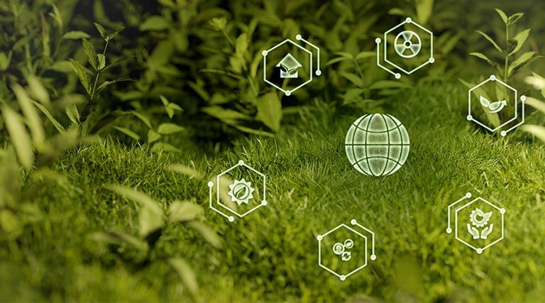 Natura verde con icone ambientali che rappresentano i principi DNSH